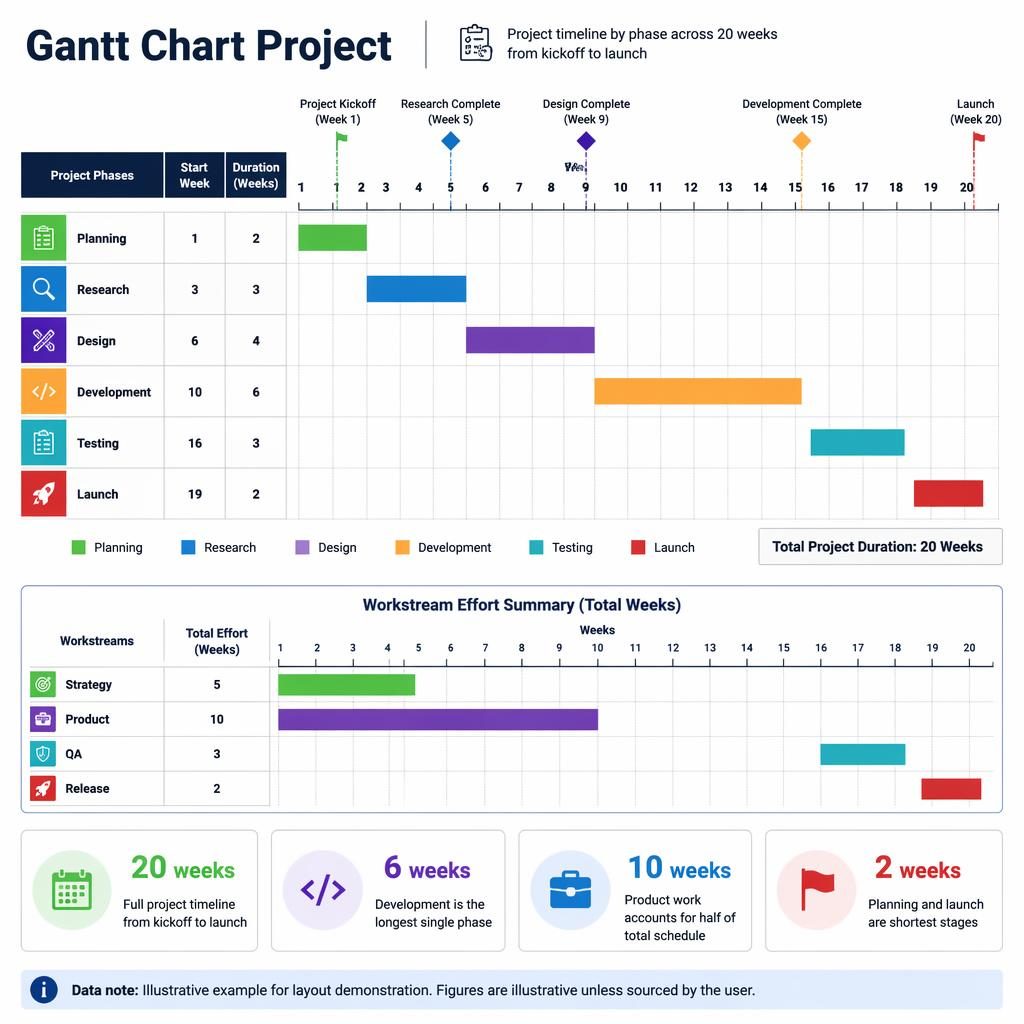 Clean gantt-style infographic with comparison columns by phase from Week 1 to Week 20, milestones, callouts, and workstream summary.
