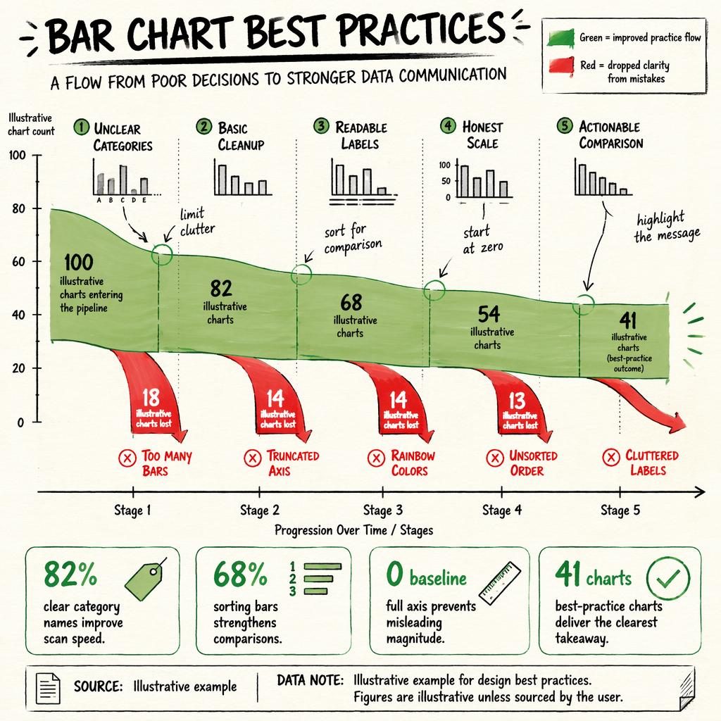 Hand-annotated sankey infographic showing 100 illustrative charts flowing through 5 bar chart best-practice stages.