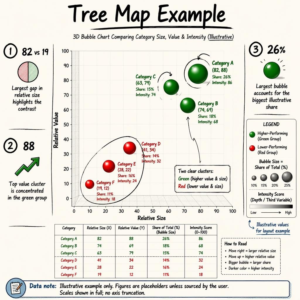 3D-style bubble chart infographic with red and green clusters, English labels, callouts, legend, and illustrative notes.