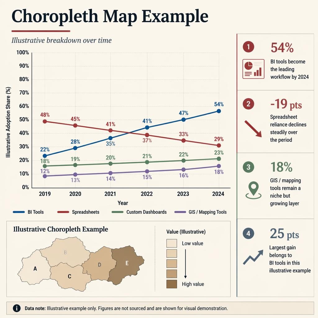 Trend line infographic from 2019 to 2024 showing BI tools, spreadsheets, custom dashboards, and GIS mapping tools.
