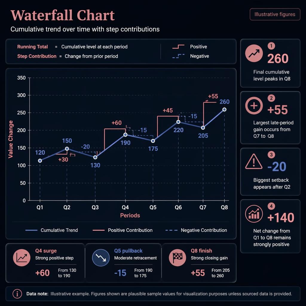 Dark financial dashboard infographic with waterfall trend line chart across Q1 to Q8, FT pink and navy, callouts, legend, and notes.