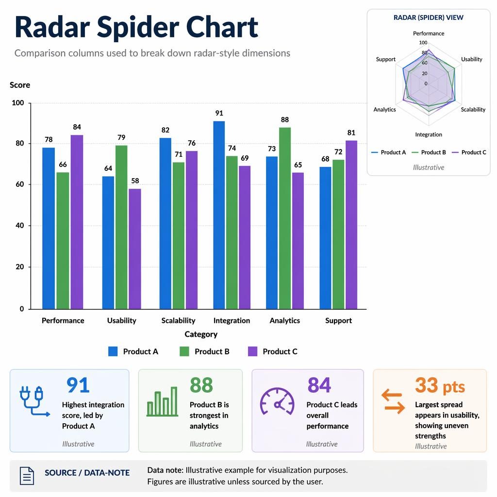 Grouped vertical column infographic comparing 6 radar-style dimensions for Products A, B, and C on a 0–100 scale.