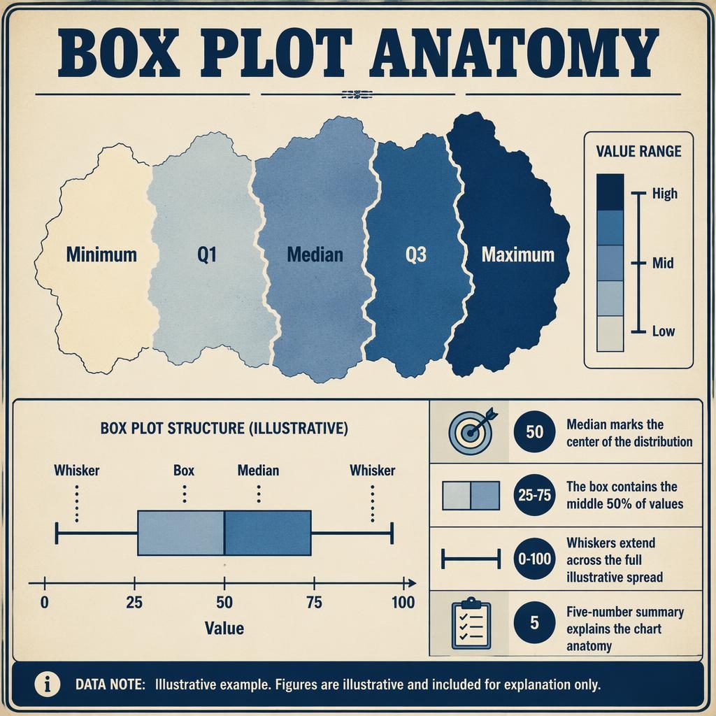 Retro editorial infographic showing a choropleth map labeled Minimum, Q1, Median, Q3, Maximum with box plot inset.