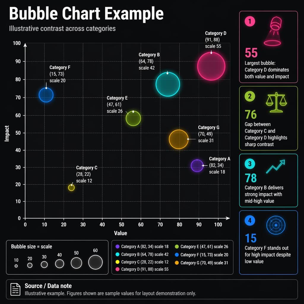 Editorial bubble chart infographic on dark background with 7 labeled category bubbles, axes, legend, and 4 insight callouts.