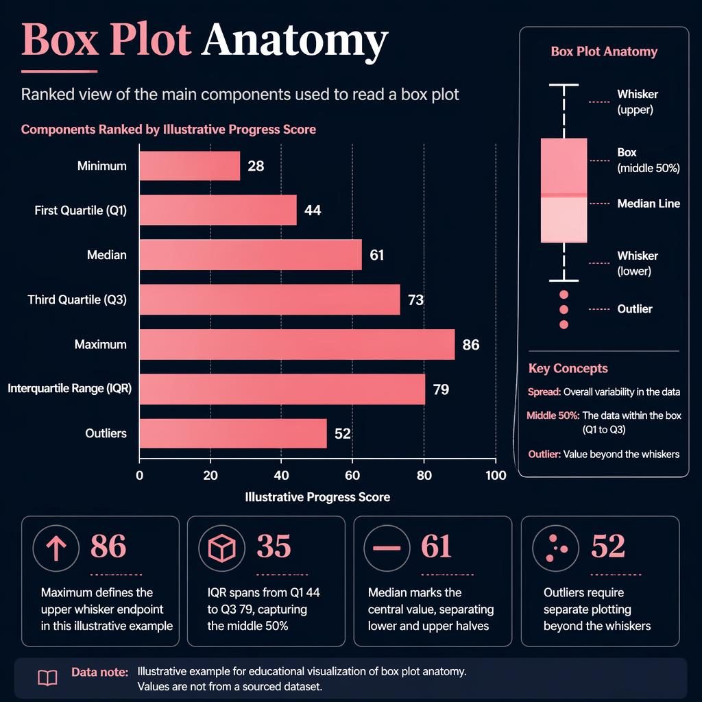 Dark dashboard infographic with ranked horizontal bars explaining box plot anatomy, annotations, callouts, and FT-style pink navy design.