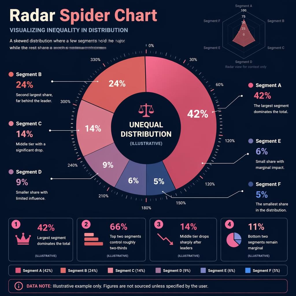 Dark dashboard infographic with central donut chart showing 42%, 24%, 14%, 9%, 6%, 5% and four insight callouts.