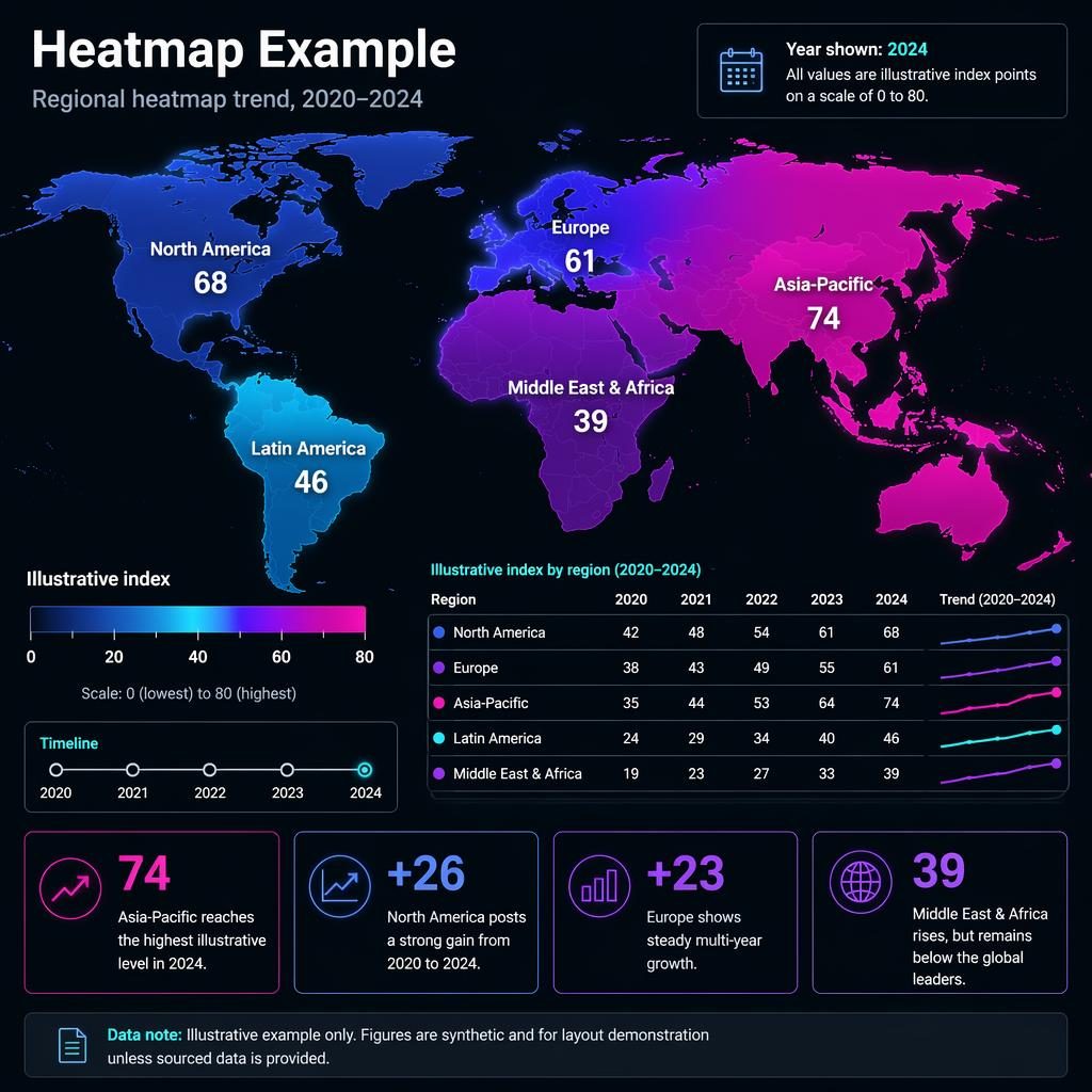 Dark-mode world choropleth infographic with 2020–2024 timeline, neon legend, regional values, and 4 insight callouts.