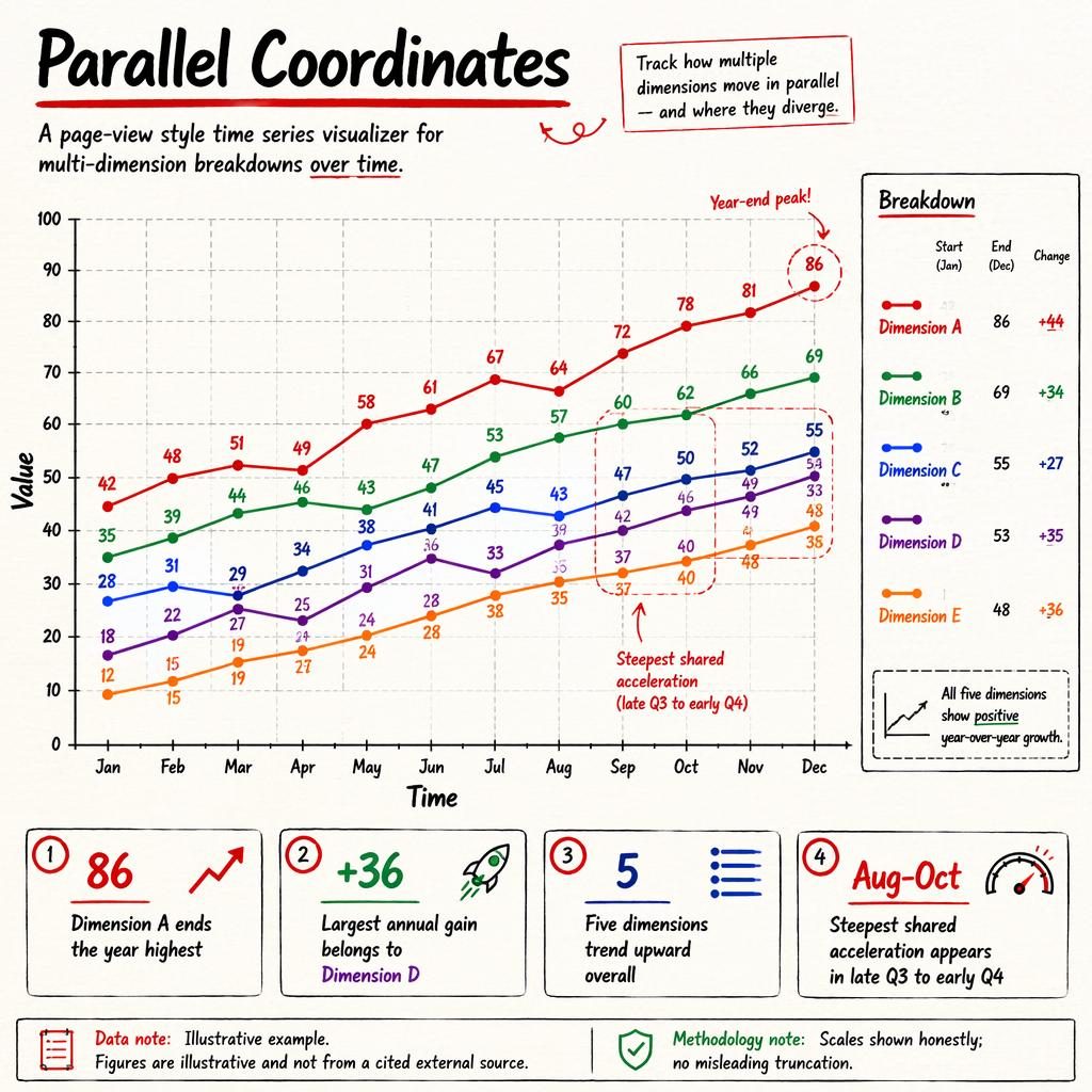 Hand-annotated parallel coordinates infographic with 5 trend lines Jan-Dec, breakdown legend, insight callouts, and notes.
