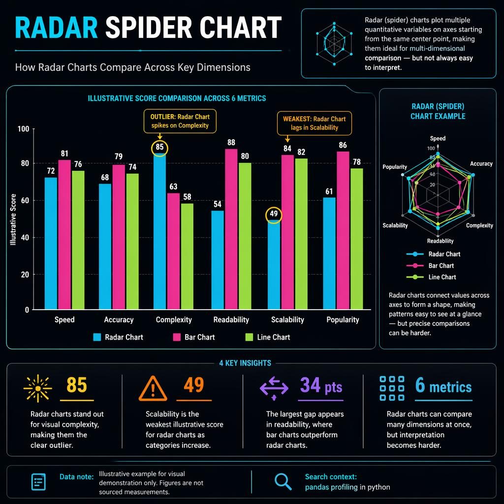 Dark neon infographic with grouped comparison columns for 6 metrics, highlighting Radar Chart complexity at 85 and scalability at 49.