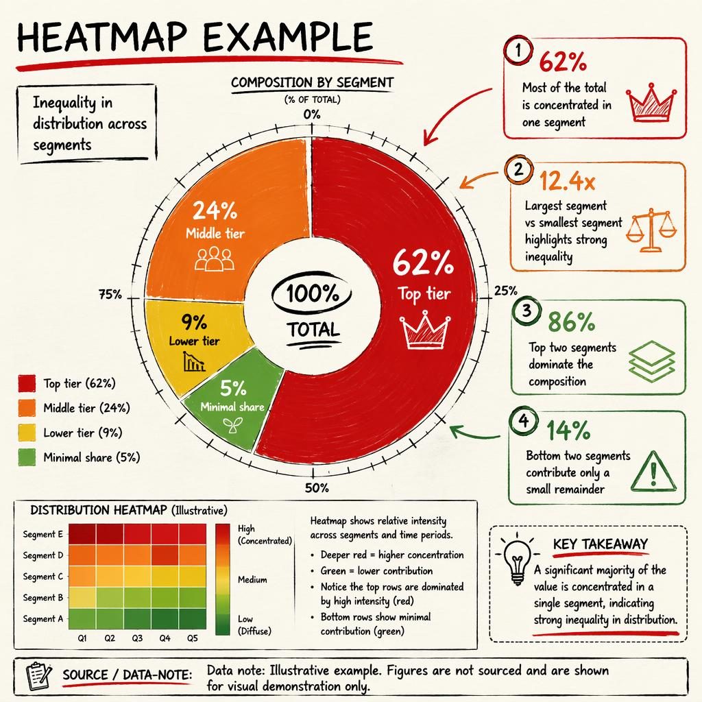 Hand-drawn style infographic with a central donut chart, mini heatmap, English labels, callouts, and red-green palette.
