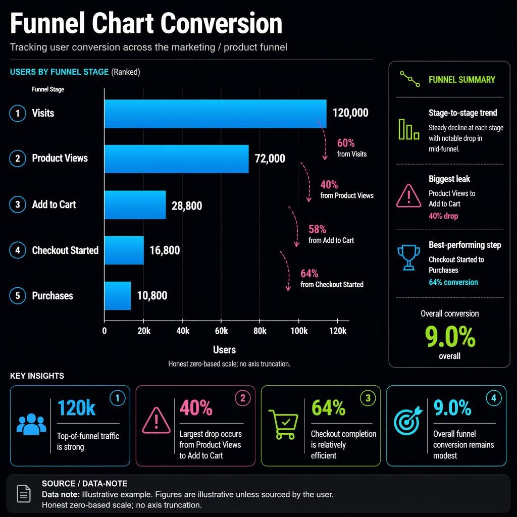 Dark-mode funnel infographic with five ranked horizontal bars, conversion labels, insights, and a mini summary panel.