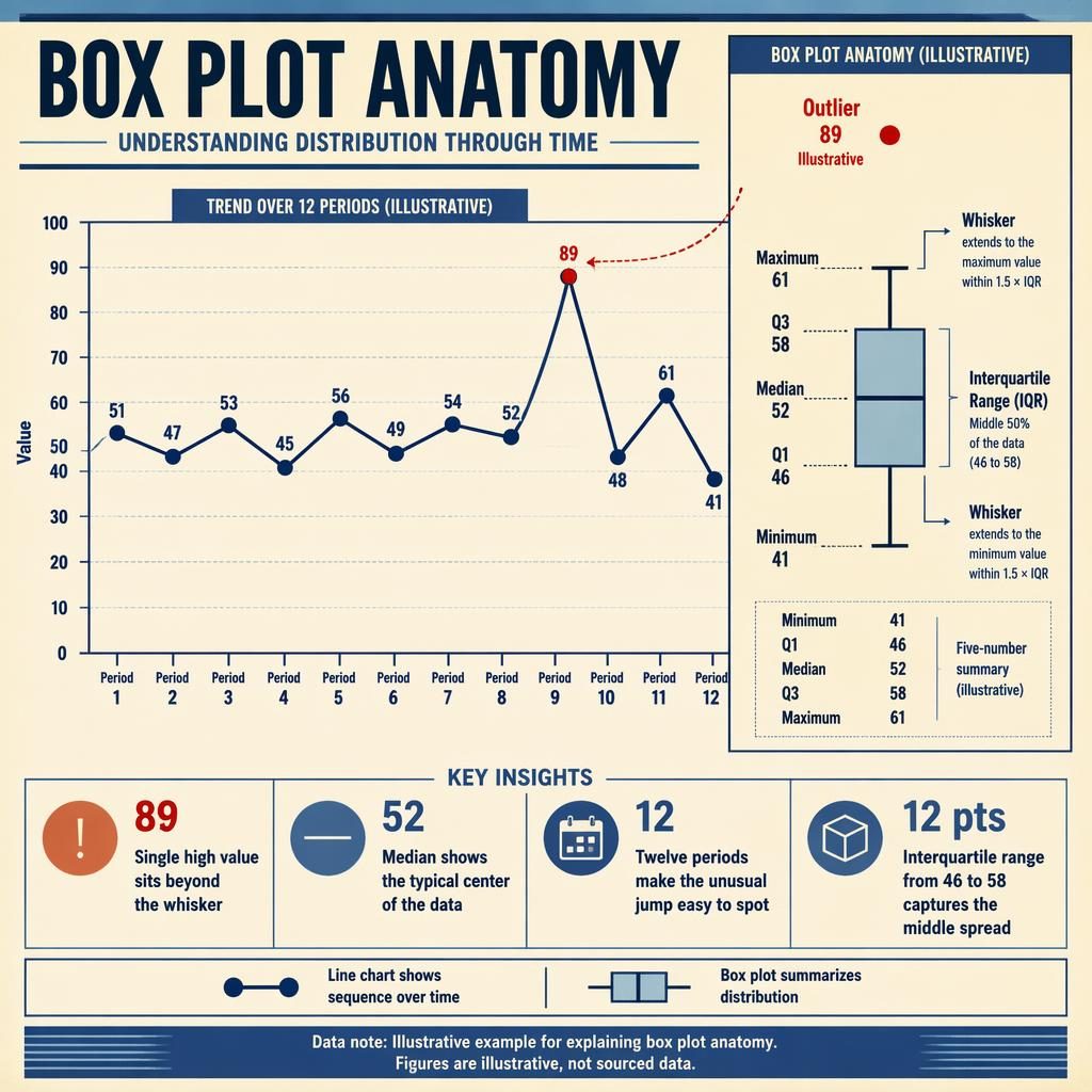 Retro editorial infographic with time-series line chart, box plot anatomy labels, and Period 9 outlier at 89.