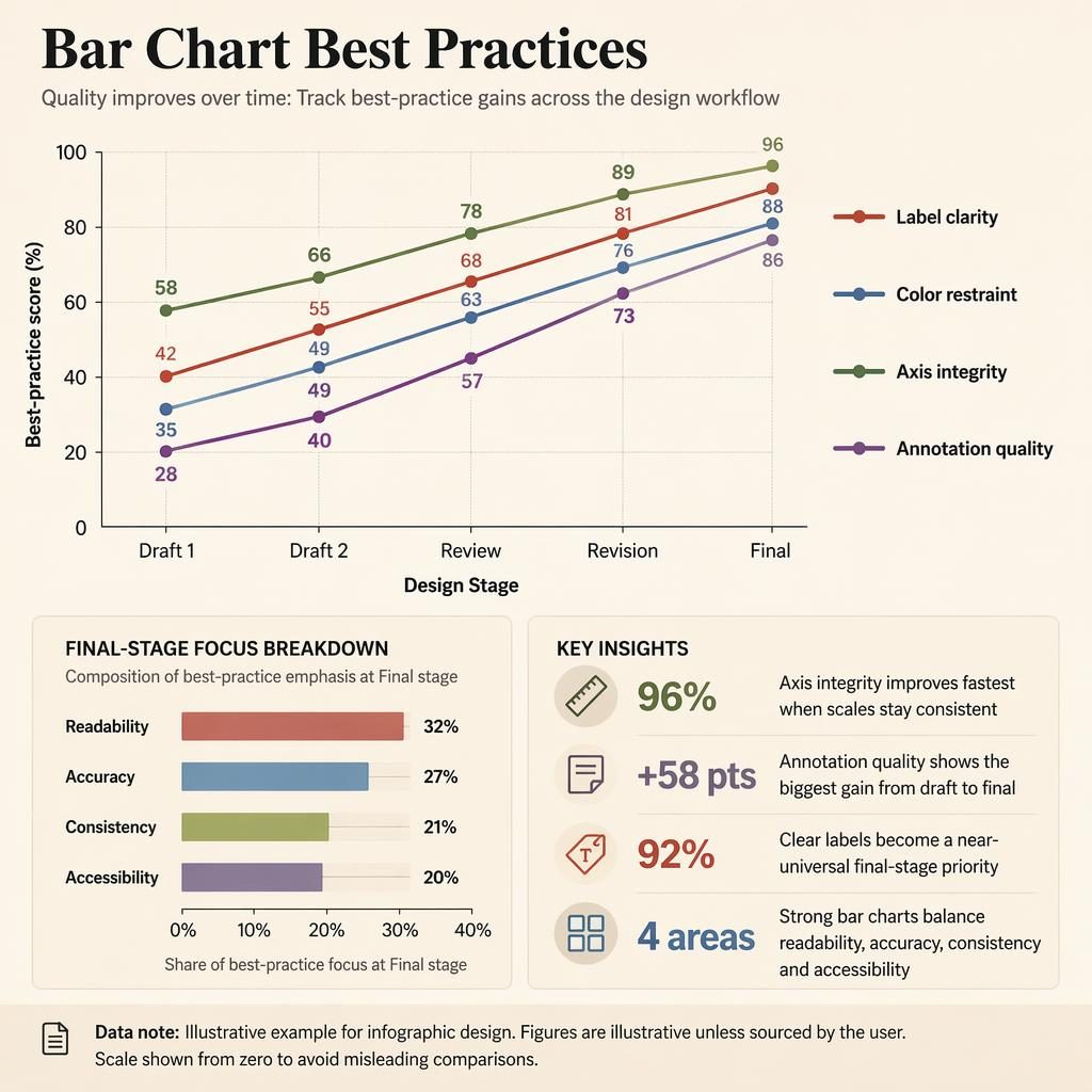 Editorial infographic with 4 trend lines over design stages, ranked summary bars, and callout metrics on best-practice scores.