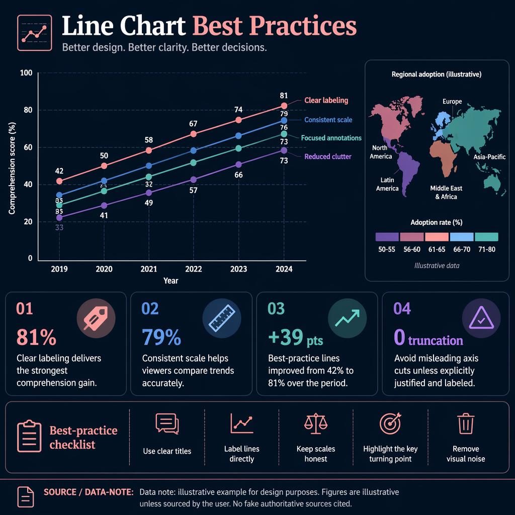 Infografía de visualizacion de datos con gráfico de líneas principal, mapa coroplético inset y paneles de mejores prácticas.