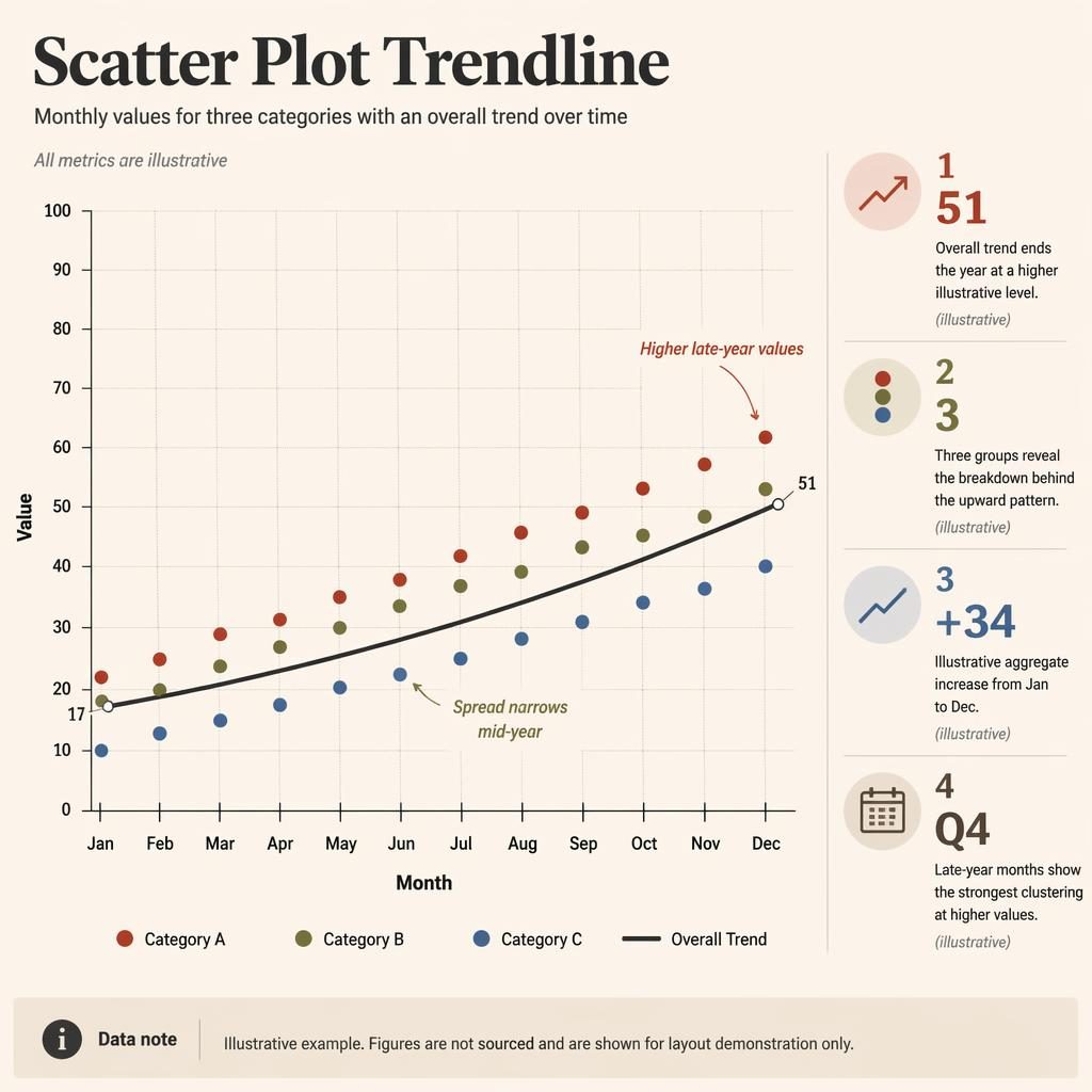 Time-series scatter plot infographic with monthly dots for three categories, overall trend line, callouts, legend, and data note.