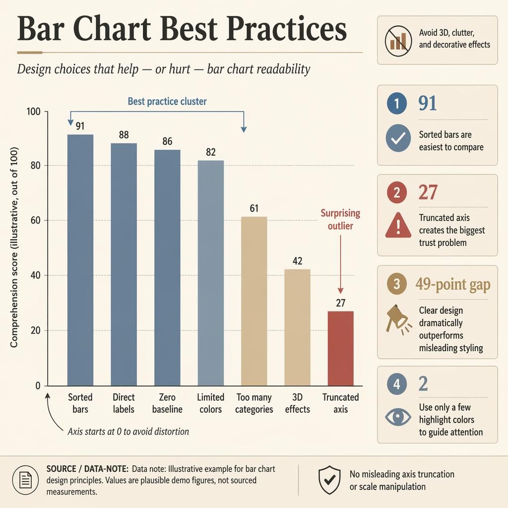 Editorial infographic bar chart comparing illustrative comprehension scores across bar-chart design choices, with truncated axis lowest.