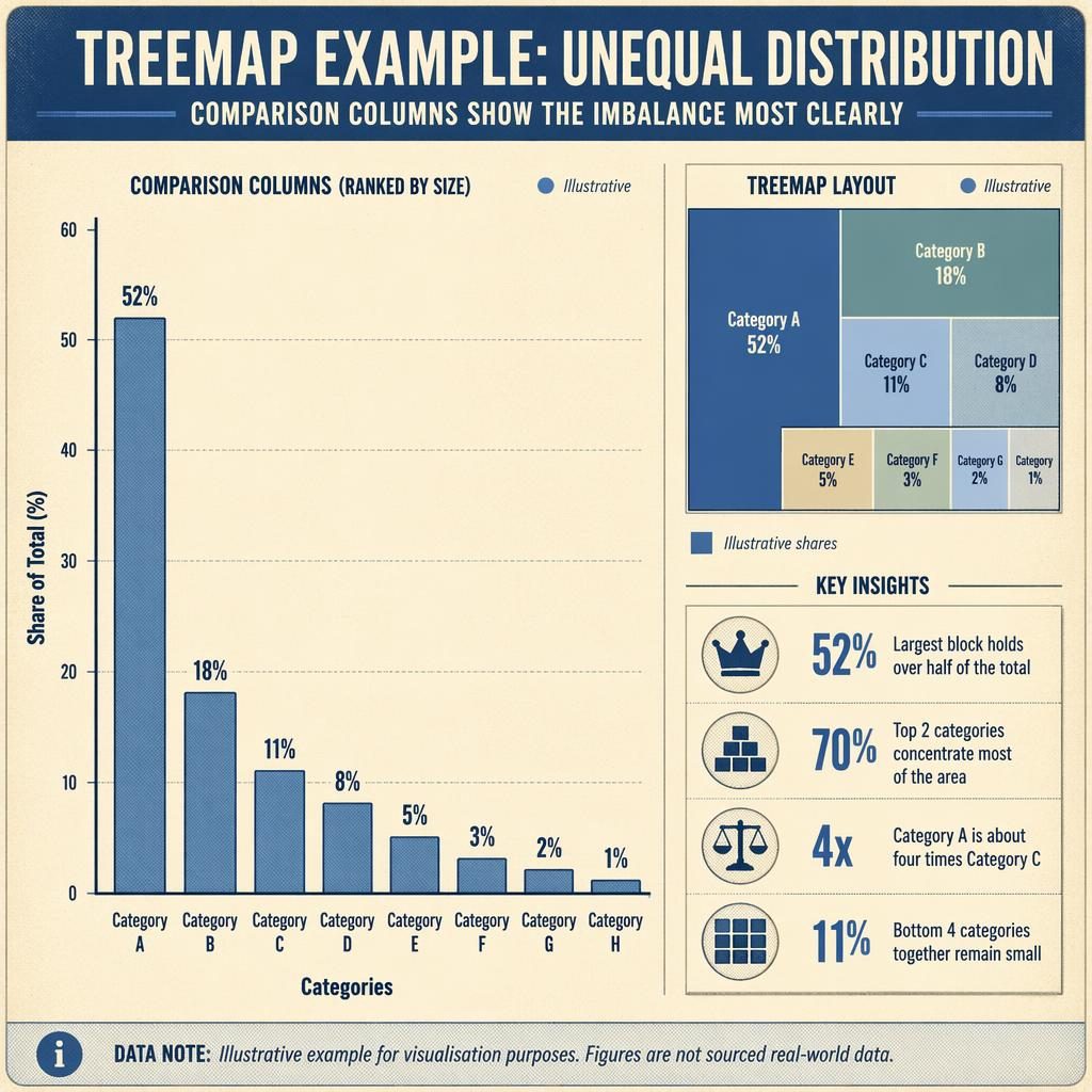 Retro-style visualisation infographic with ranked comparison columns, mini treemap inset, and inequality callouts.