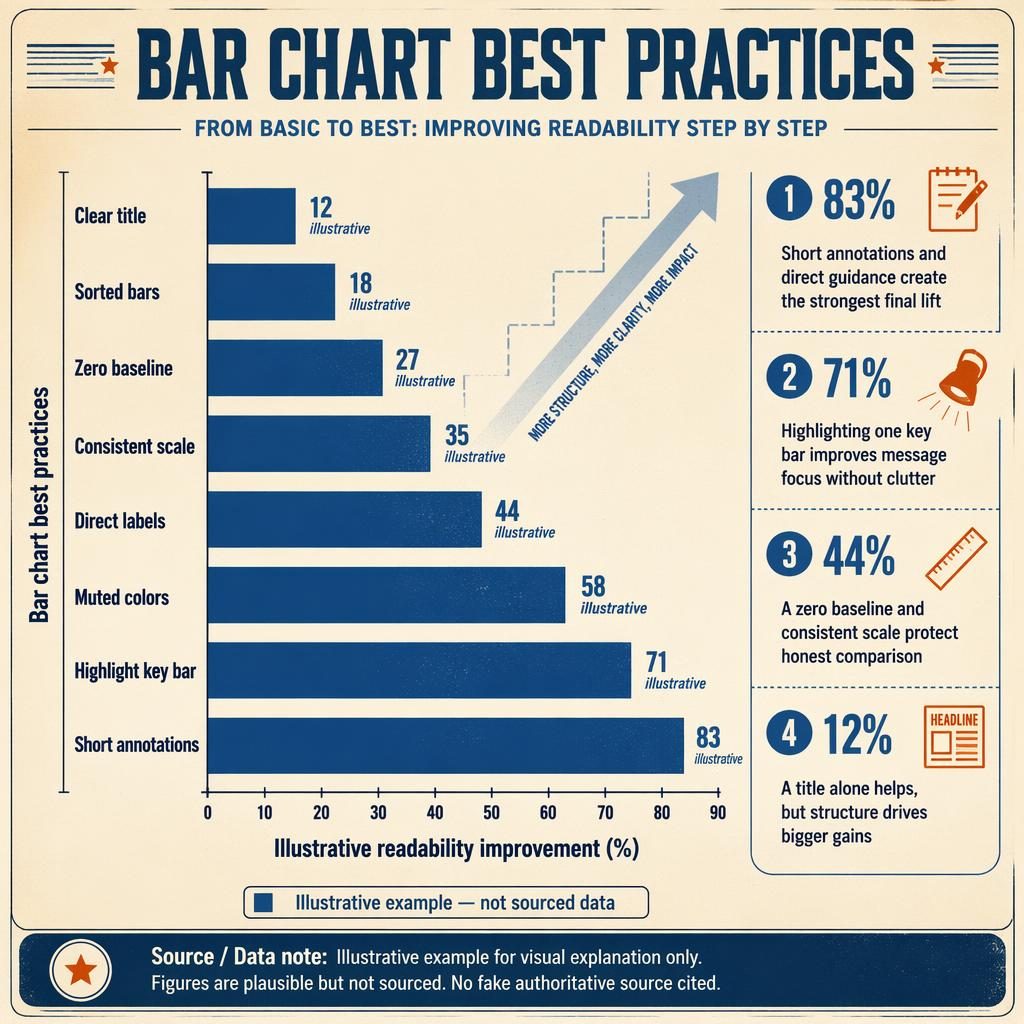 Retro-Infografik mit horizontalem Ranked Bar Chart, englischen Labels, Insight-Callouts und Fortschrittspfeil in Blau-Creme.