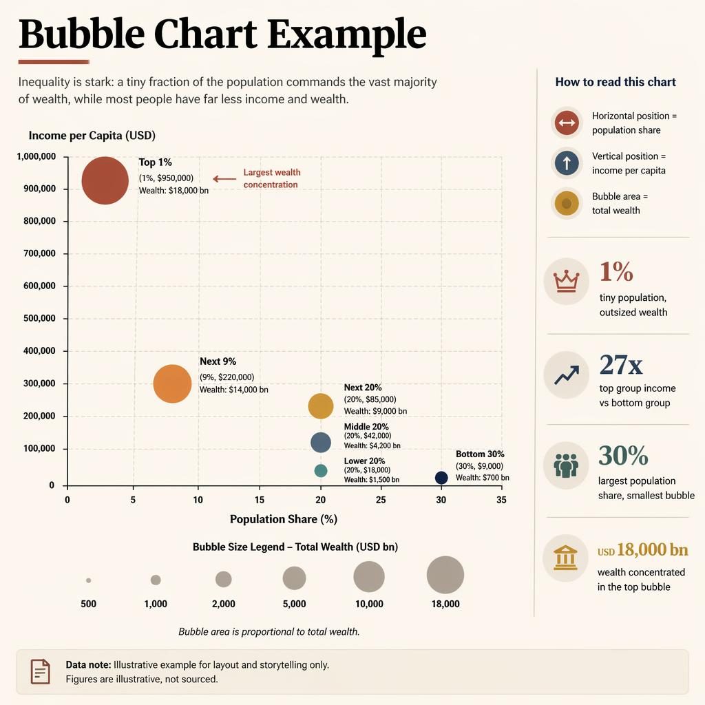 Editorial bubble chart infographic showing wealth inequality with labeled axes, 12 groups, callouts, legend, and notes.