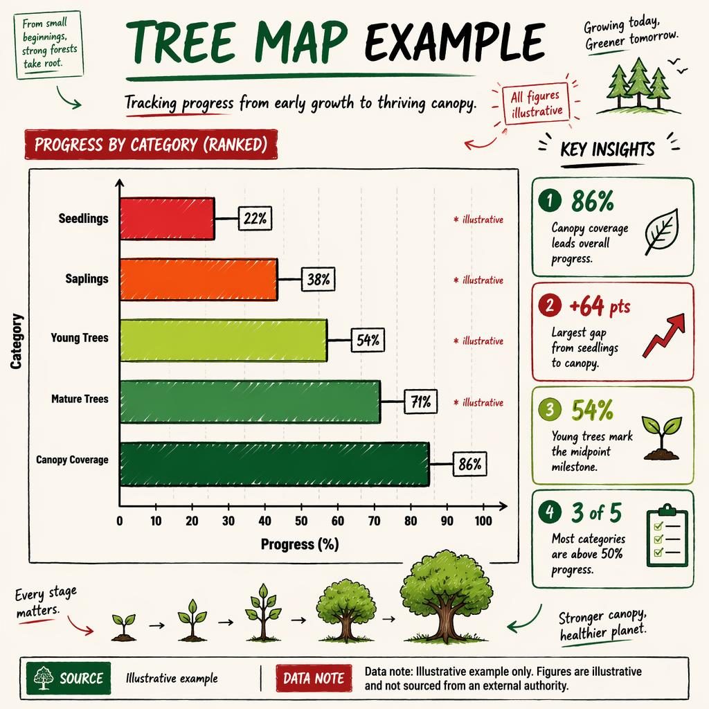 Vertical ranked bar chart infographic showing tree growth progress from 22% to 86% with callouts, doodles, and notes.