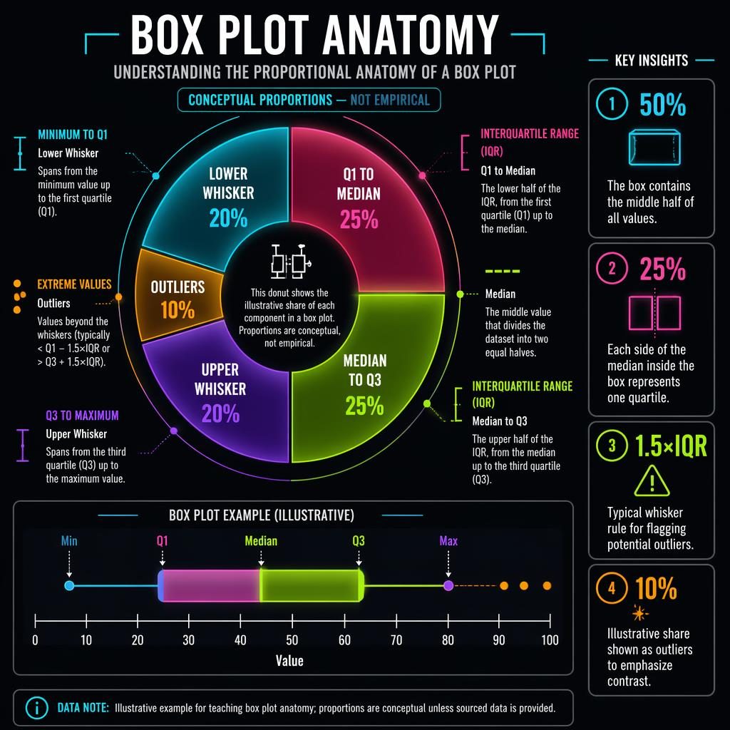Dark neon infographic with a central donut chart explaining box plot anatomy, plus box plot panel, callouts, and labels.