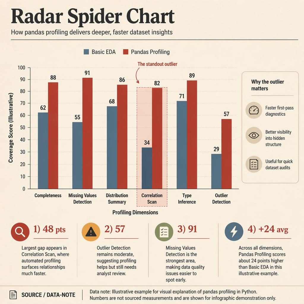 Comparison column infographic for pandas profiling in python showing Basic EDA vs Pandas Profiling across 6 dimensions.