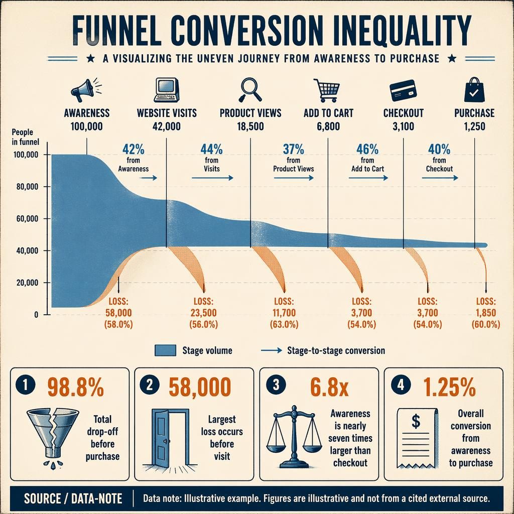 Retro editorial Sankey funnel chart showing Awareness to Purchase drop-off with labeled values, conversion rates, scale, and insights.