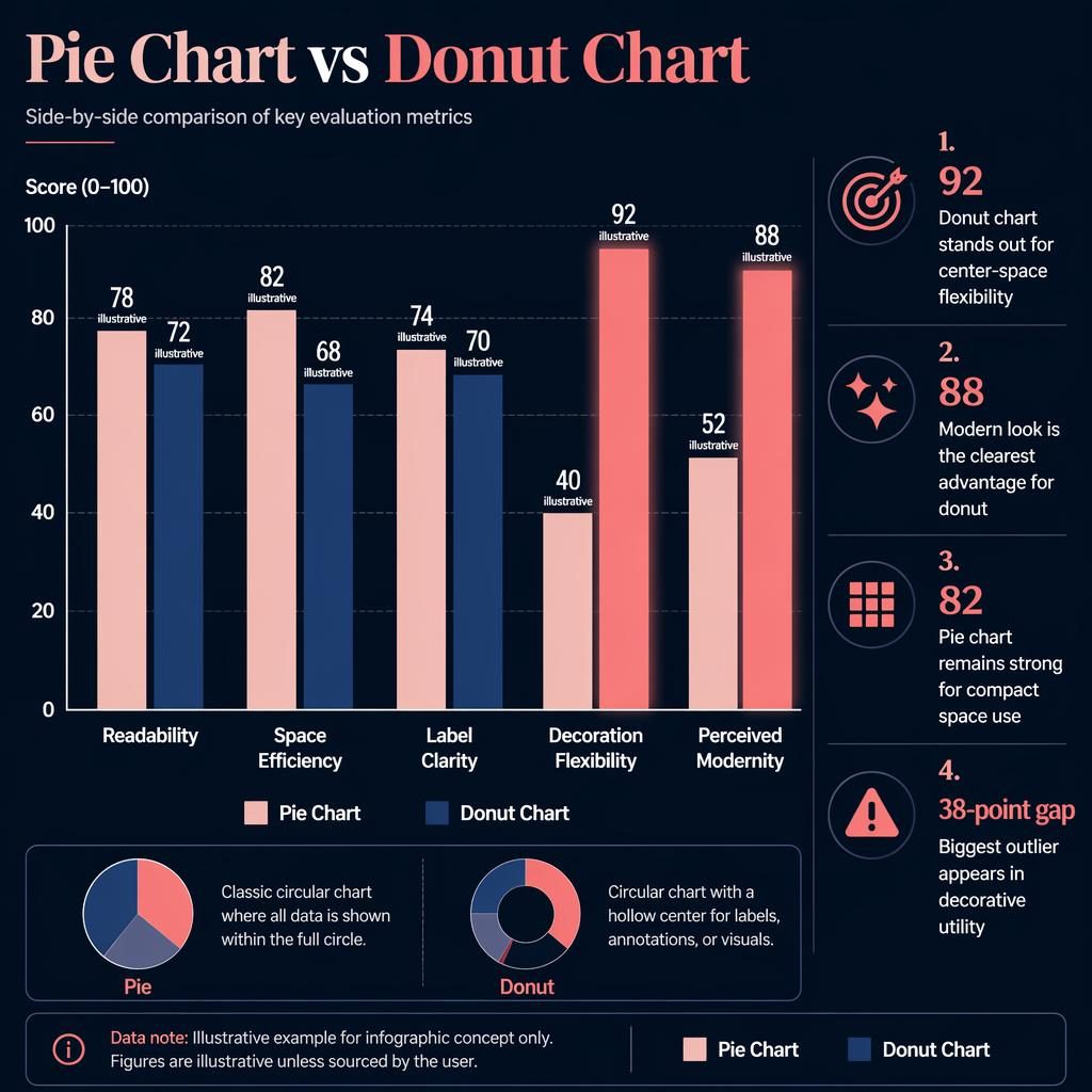 Dark dashboard viz data infographic with side-by-side columns comparing Pie Chart and Donut Chart across 5 metrics.