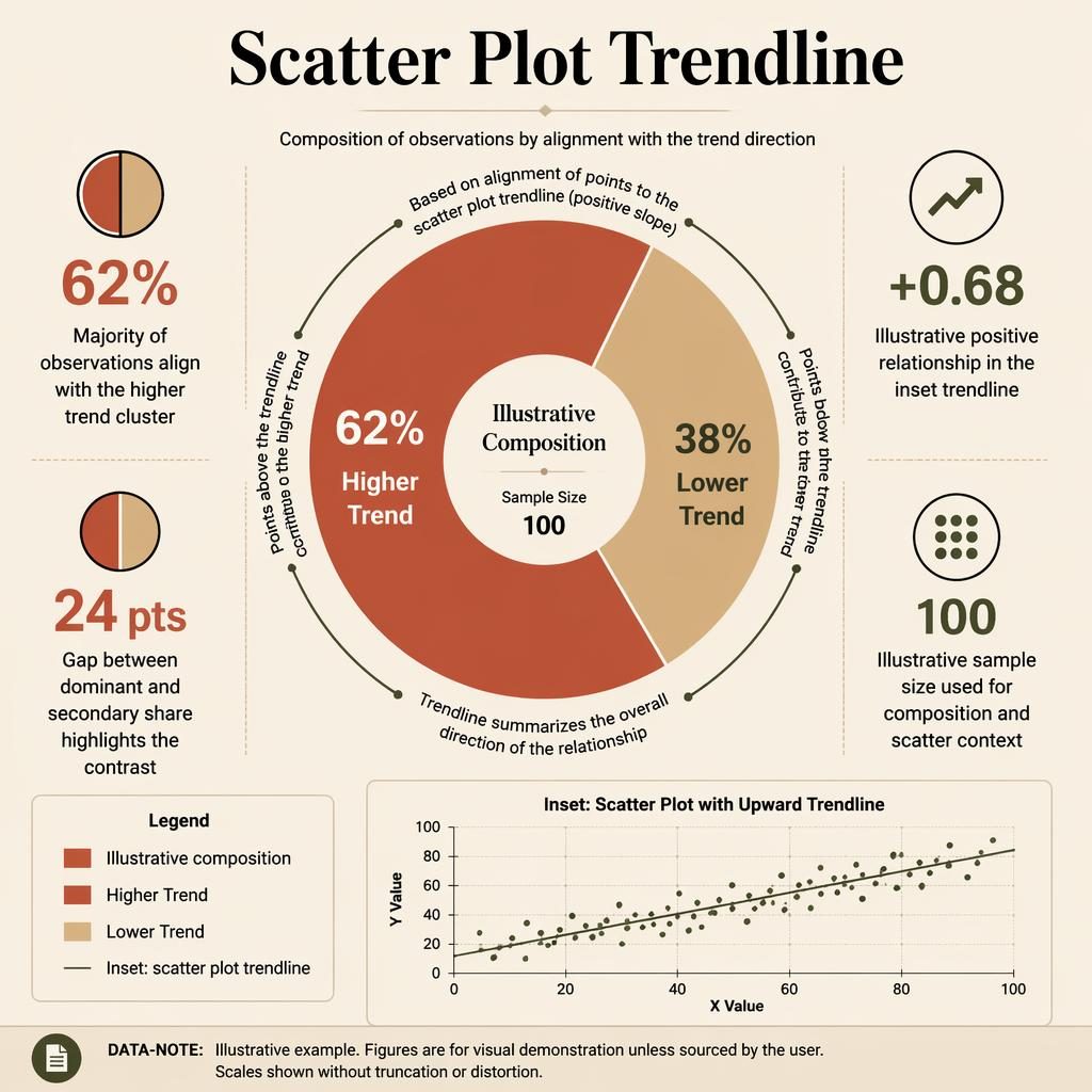 Editorial infographic with central donut chart, scatter plot inset, four insight callouts, legend, and data note.
