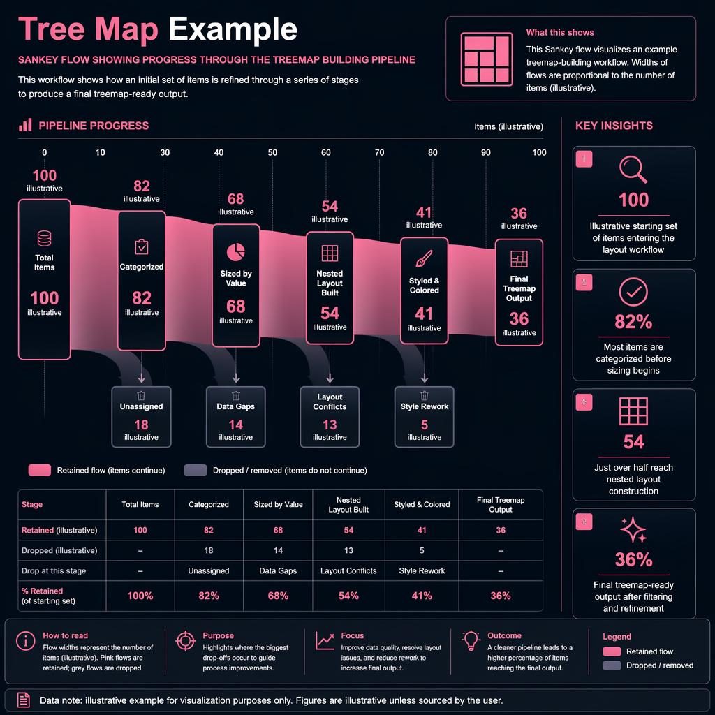 Dark navy dashboard infographic with FT pink Sankey flow pipeline, treemap workflow stages, losses, legend, and callouts.