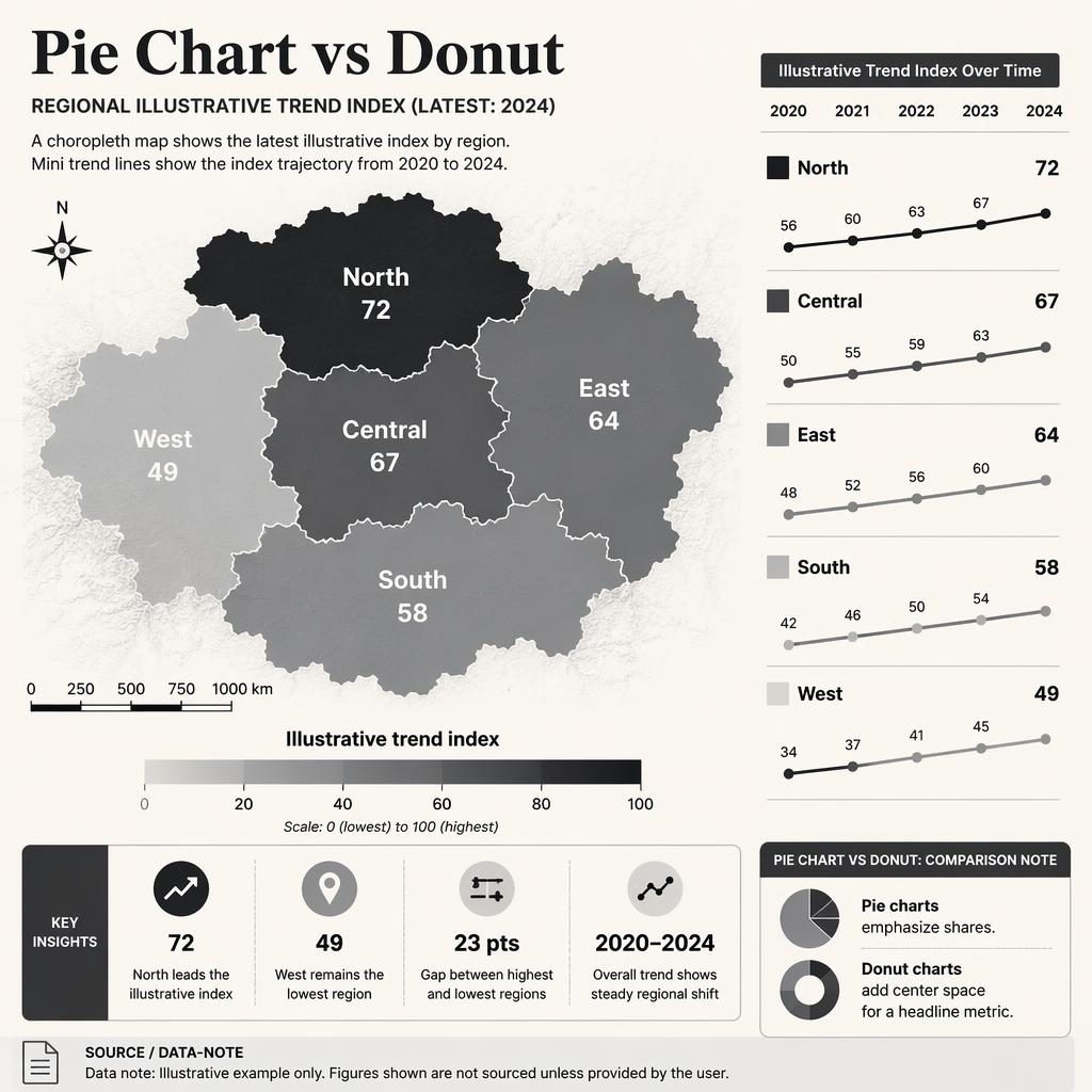 Monochrome infographic with a large choropleth map, mini trend lines, legend, regional labels, and insight callouts.