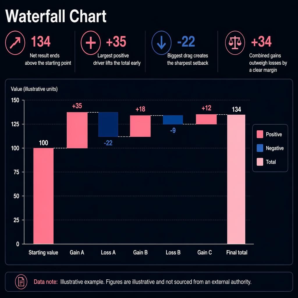 Dark dashboard waterfall chart infographic with FT pink gains, navy losses, final total 134, English labels, legend, and callouts.
