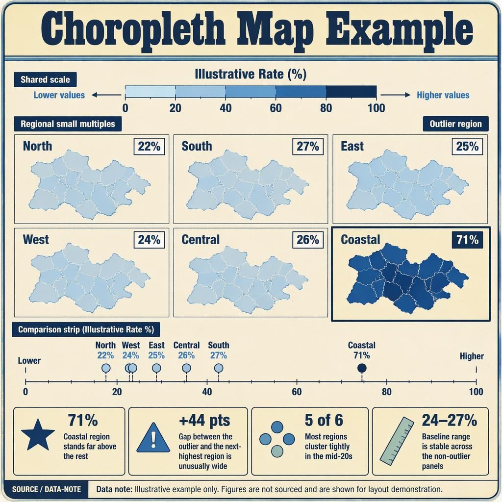 Retro-style choropleth infographic grid with 6 regional maps, shared 0–100 legend, and Coastal outlier at 71%.