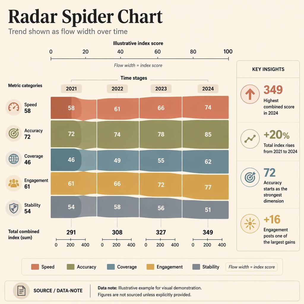 Editorial sankey infographic with five metric flows across 2021 to 2024, reference scale, callouts, and warm neutral palette.
