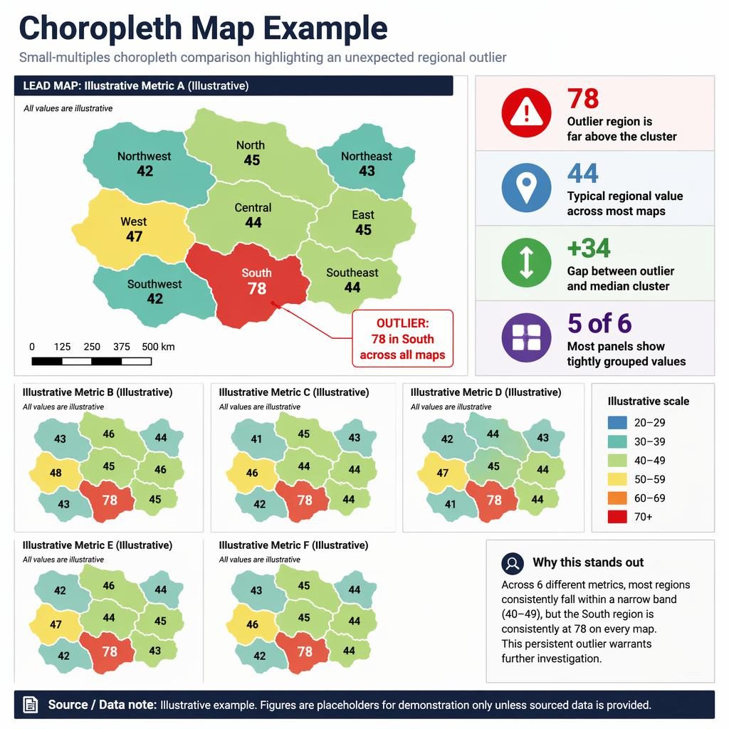 Dashboard infographic with 6 choropleth maps, one lead map, legends, English labels, and a highlighted outlier region at 78.