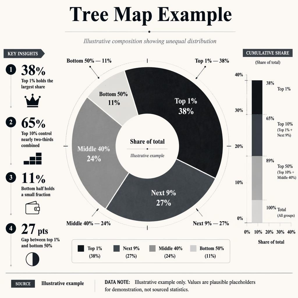 Monochrome editorial infographic with a large donut chart showing unequal shares, labeled slices, callouts, mini bars, and notes.