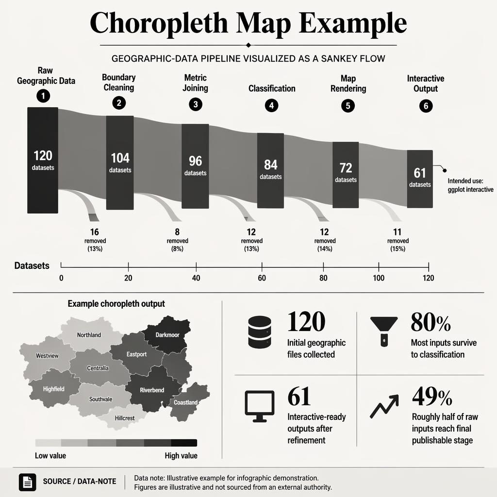 Monochrome infographic with a Sankey flow of geographic data stages, inset choropleth map, callouts, and datasets scale.
