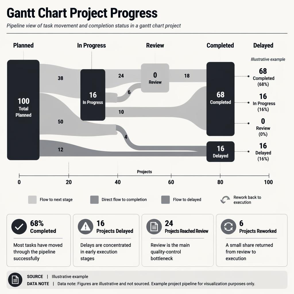 Monochrome Sankey infographic showing Gantt chart project progress across Planned, In Progress, Review, Completed, Delayed.