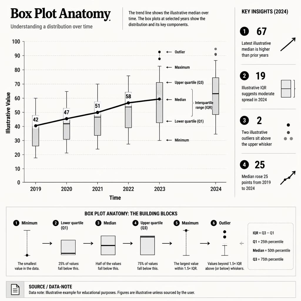 Monochrome editorial infographic with an upward trend line from 2019 to 2024 and labeled box plot anatomy diagrams.