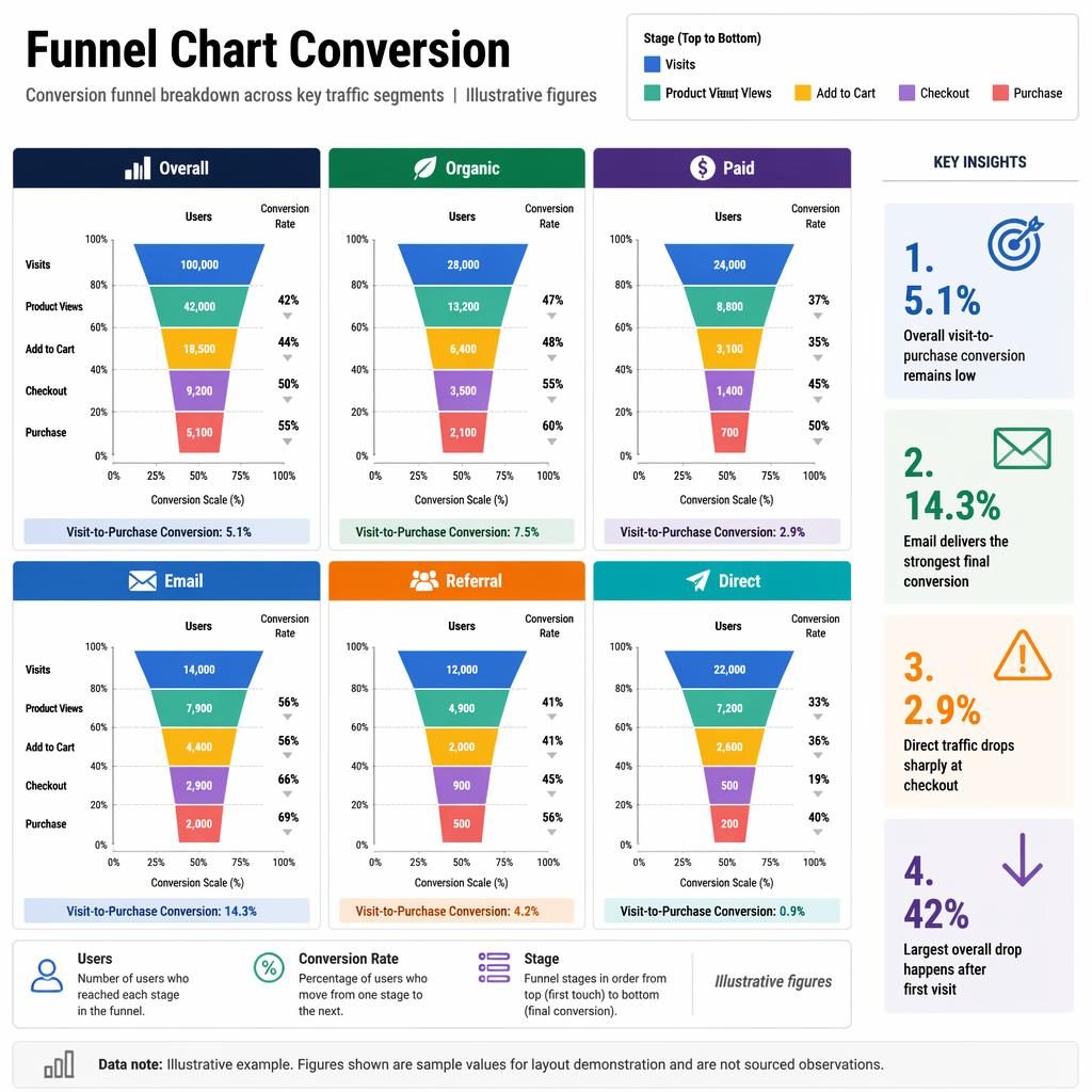 Small-multiples funnel infographic grid comparing conversion stages by segment with counts, rates, callouts, and 0% to 100% scales.