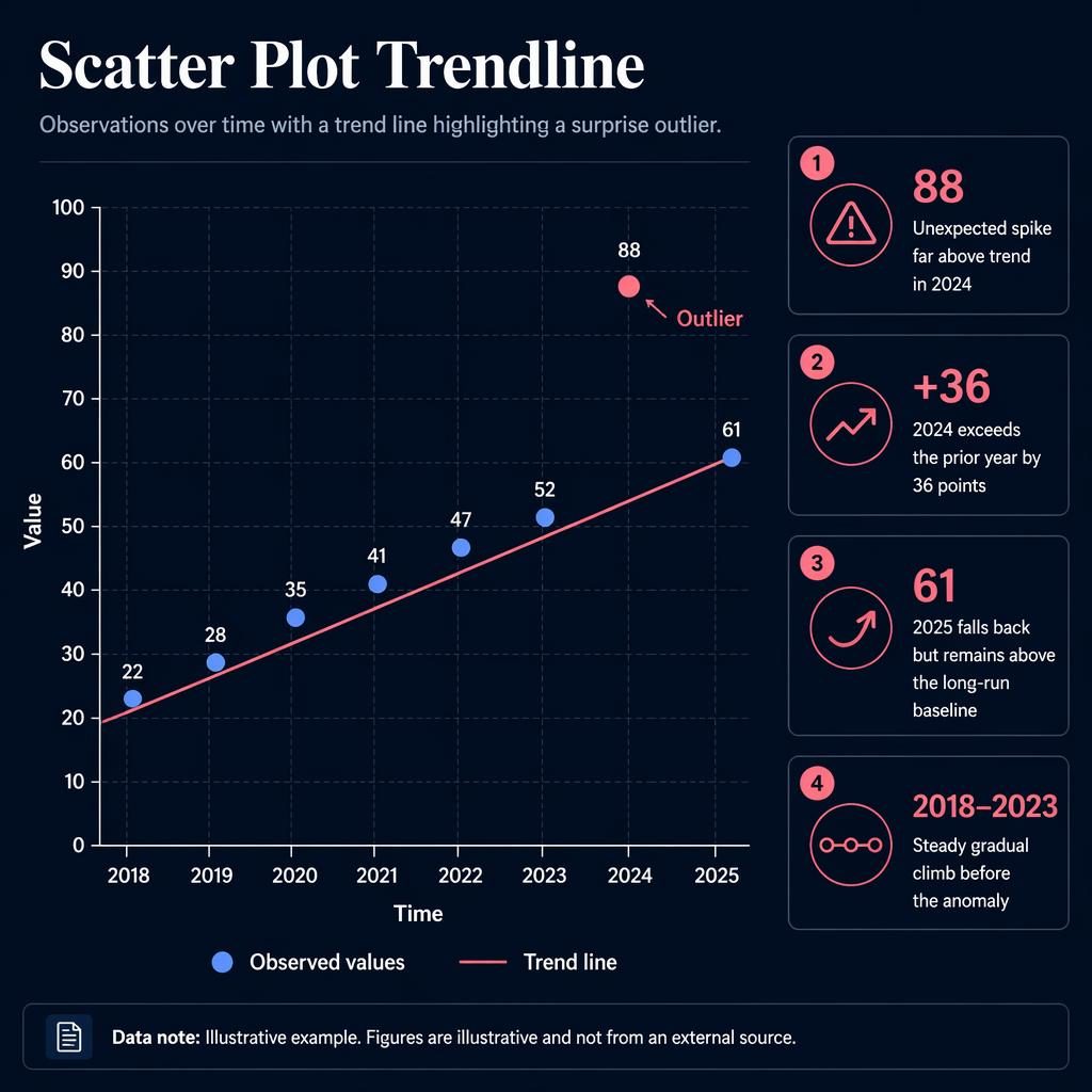 Dark dashboard scatter plot infographic with trend line, 2018–2025 axes, highlighted 2024 outlier at 88, and insight callouts.