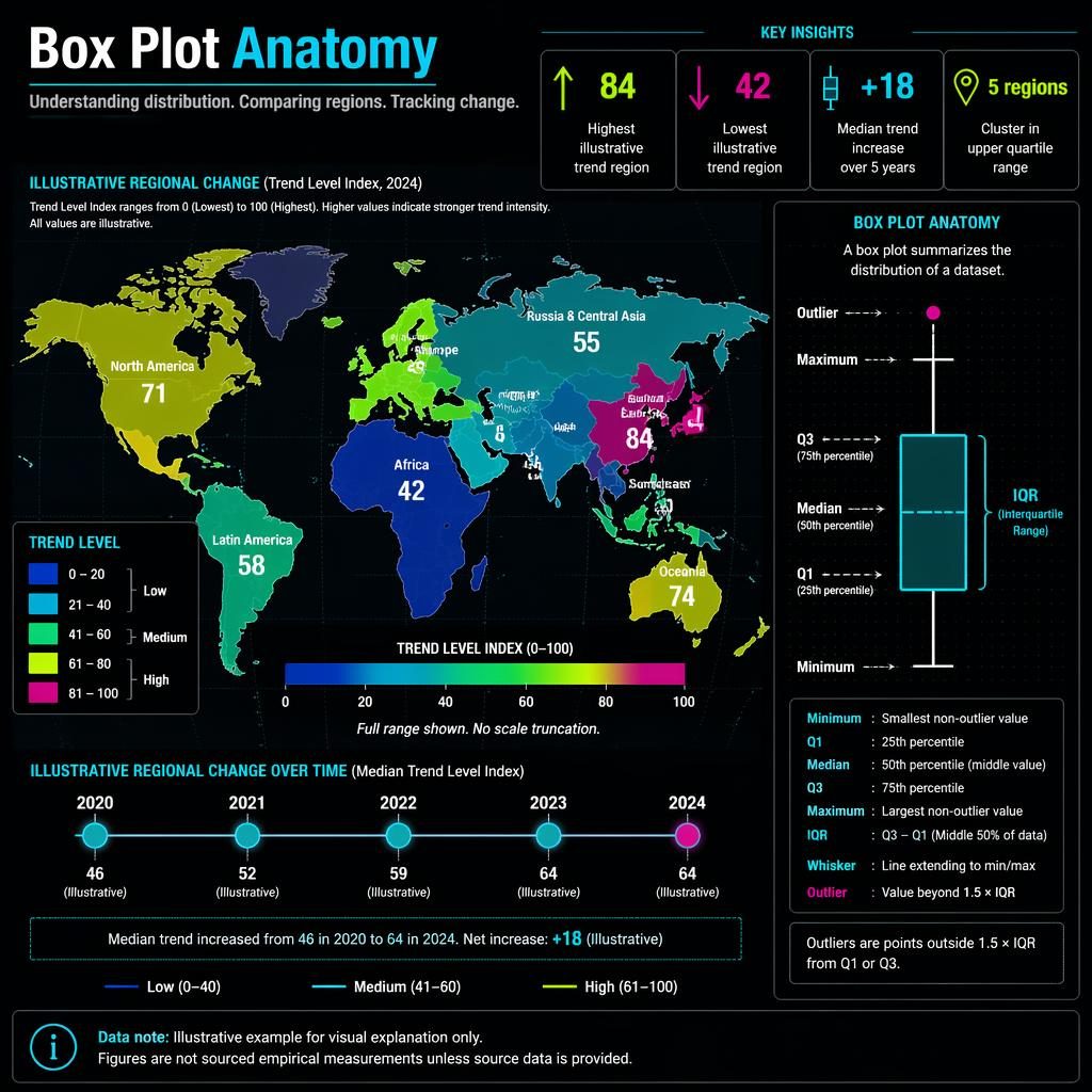 Dark neon infographic with a choropleth world map, trend legend, timeline, and box plot anatomy inset with English labels.