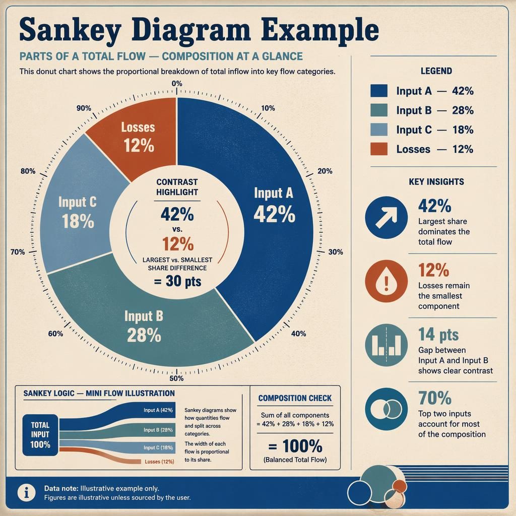 Retro blue and cream infographic with a large donut chart, labeled flow shares, inset mini sankey, callouts, and scale.
