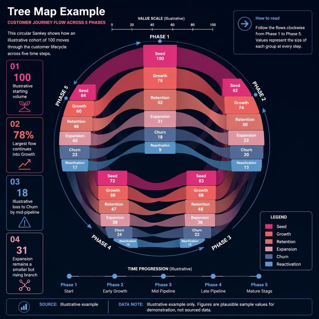 Circular sankey infographic on a navy dashboard showing Seed, Growth, Retention, Expansion, Churn and Reactivation across 5 phases.