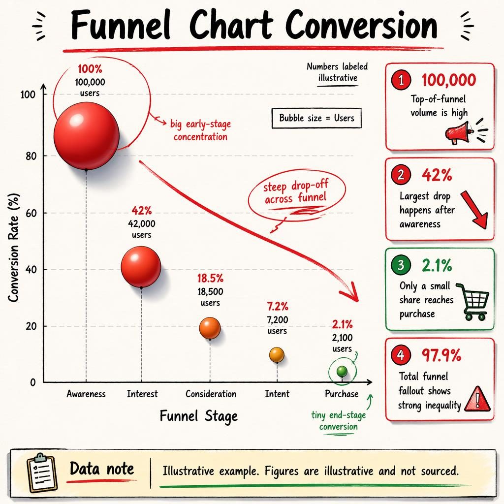 Spotfire analytics bubble chart infographic of funnel conversion with large-to-small bubbles, callouts, arrows, and 0–100% axis.