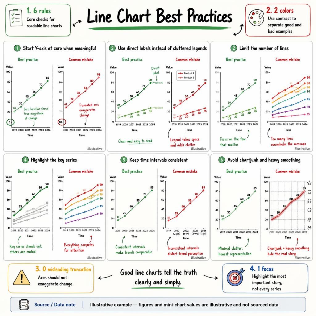 Editorial infographic with 6 mini line-chart panels comparing best practice in green vs common mistake in red.