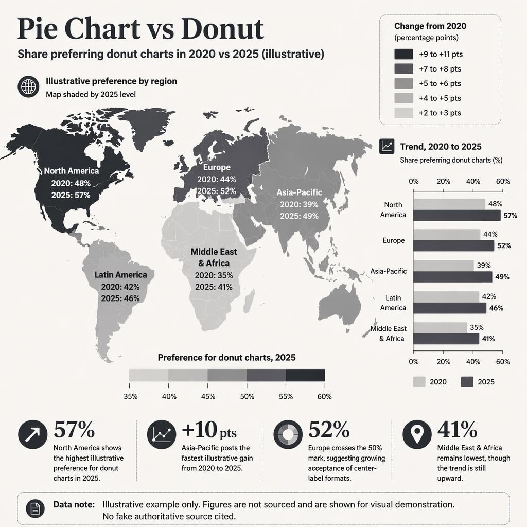 Monochrome choropleth map infographic comparing 2020 and 2025 donut chart preference across 5 world regions.