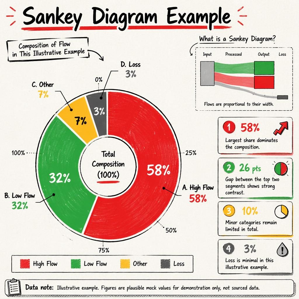 Hand-drawn style donut infographic with four segments, labels, callouts, legend, and a small Sankey sketch reference.