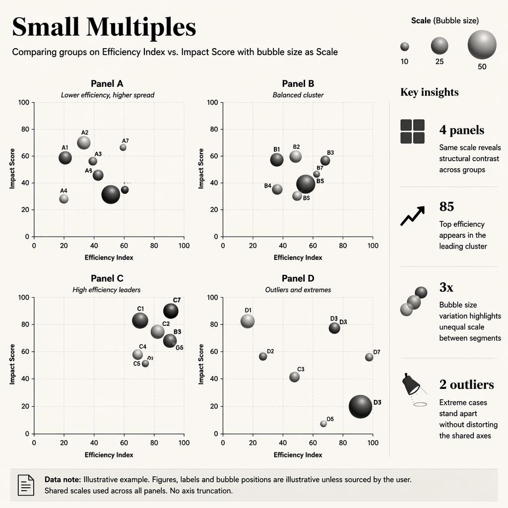 Small-multiples bodygraphchart infographic with four bubble chart panels, shared axes, scale legend, callouts and note strip.