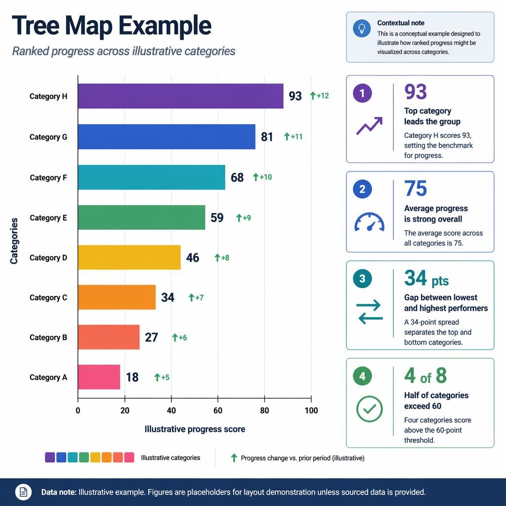 Vertical ranked bar chart infographic with 8 rainbow categories, scores 18 to 93, insight callouts, subtitle, axes, and gridlines.